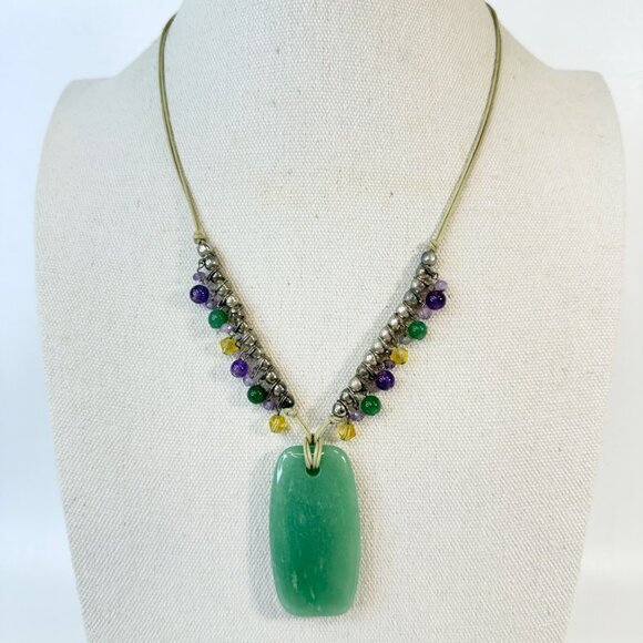 Green Stone Jewelry Set Corded Pendant Necklace Faceted Cut Stone Earrings - Picture 2 of 7